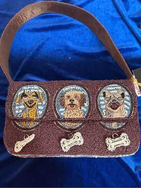 Viral Beaded 3 Dog Motif Shoulder Bag - Brown